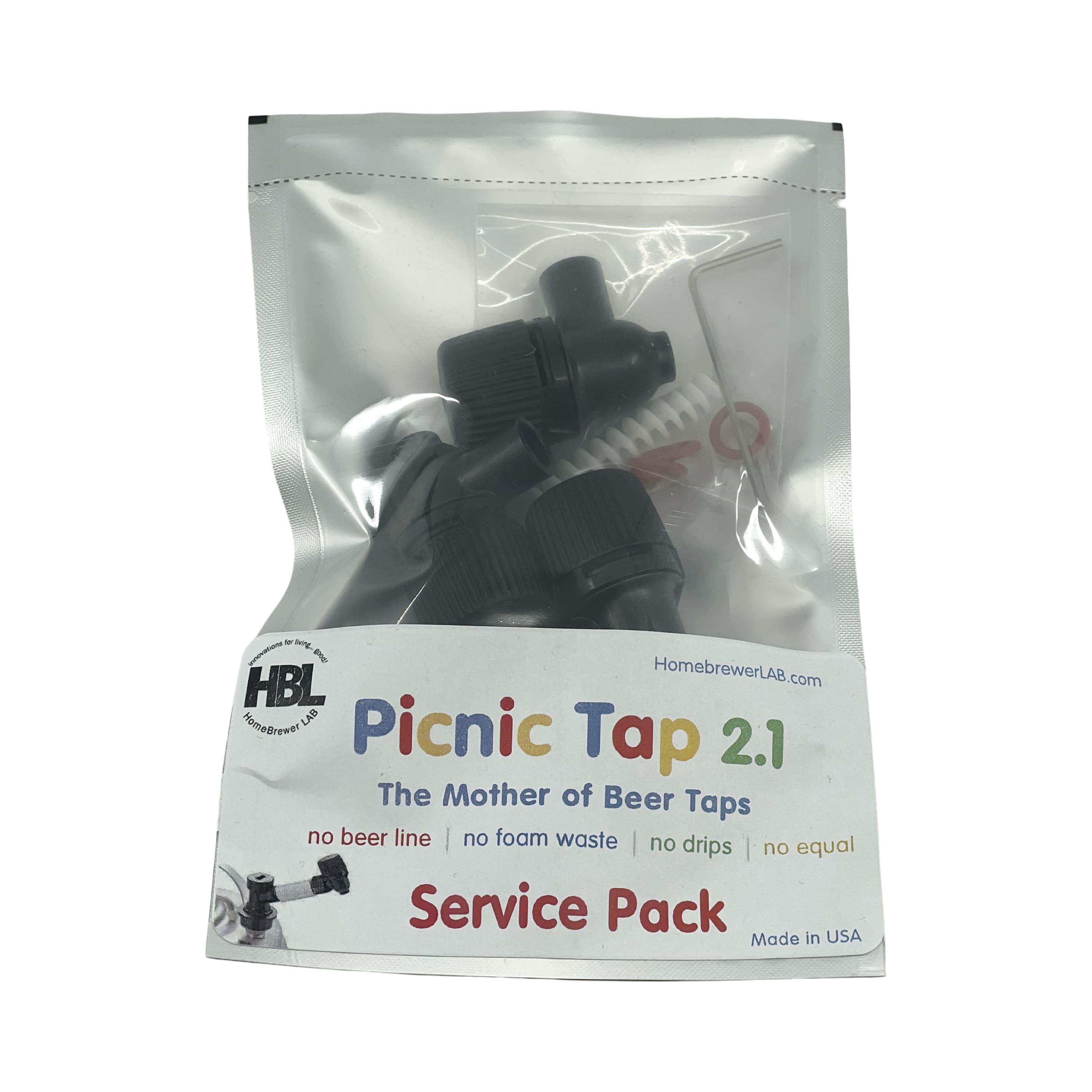 En forseglet plastpakke merket "Picnic Tap 2.1 Service Pack - Homebrewer LAB" fra Homebrewer LAB inneholder svarte Twist Tap-deler og en liten rengjøringsbørste.