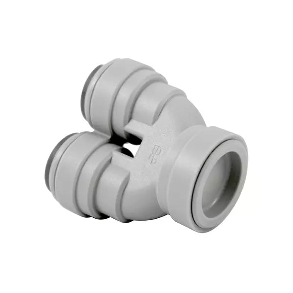 John Guest 1/2" U-Bend albuearmatur i grå plast med tre åpninger for tilkobling og fremføring av slanger i rett vinkel; kompatibel med John Guest-systemer.