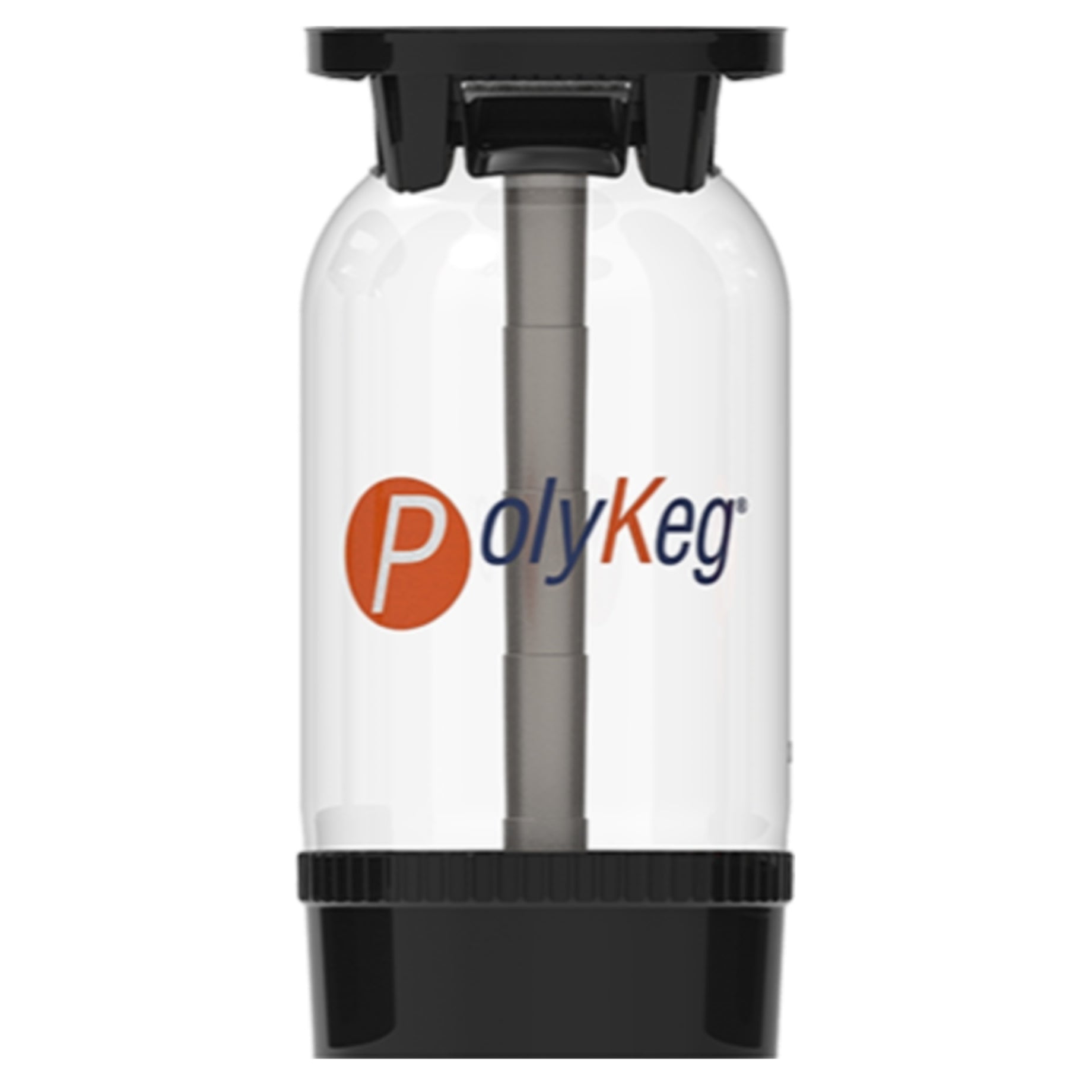 PolyKeg PRO 24L med pose - K Valve: gjennomsiktig PET-beholder med svart bunn/topp, sentralt rør og PolyKeg-logo. KeyKeg-kompatibel for allsidig bruk. Leveres på europaller med 48 stk. fra PolyKeg.