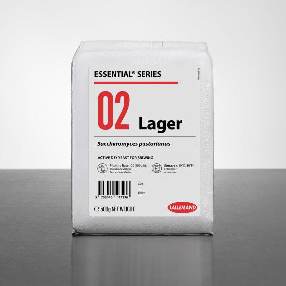Lallemand Essential Series 02 Lager 500g fra Lallemand er en aktiv tørrgjær (Saccharomyces pastorianus) til brygging, med bruks- og oppbevaringsanvisning - perfekt tørrgjær for hjemmebryggere.