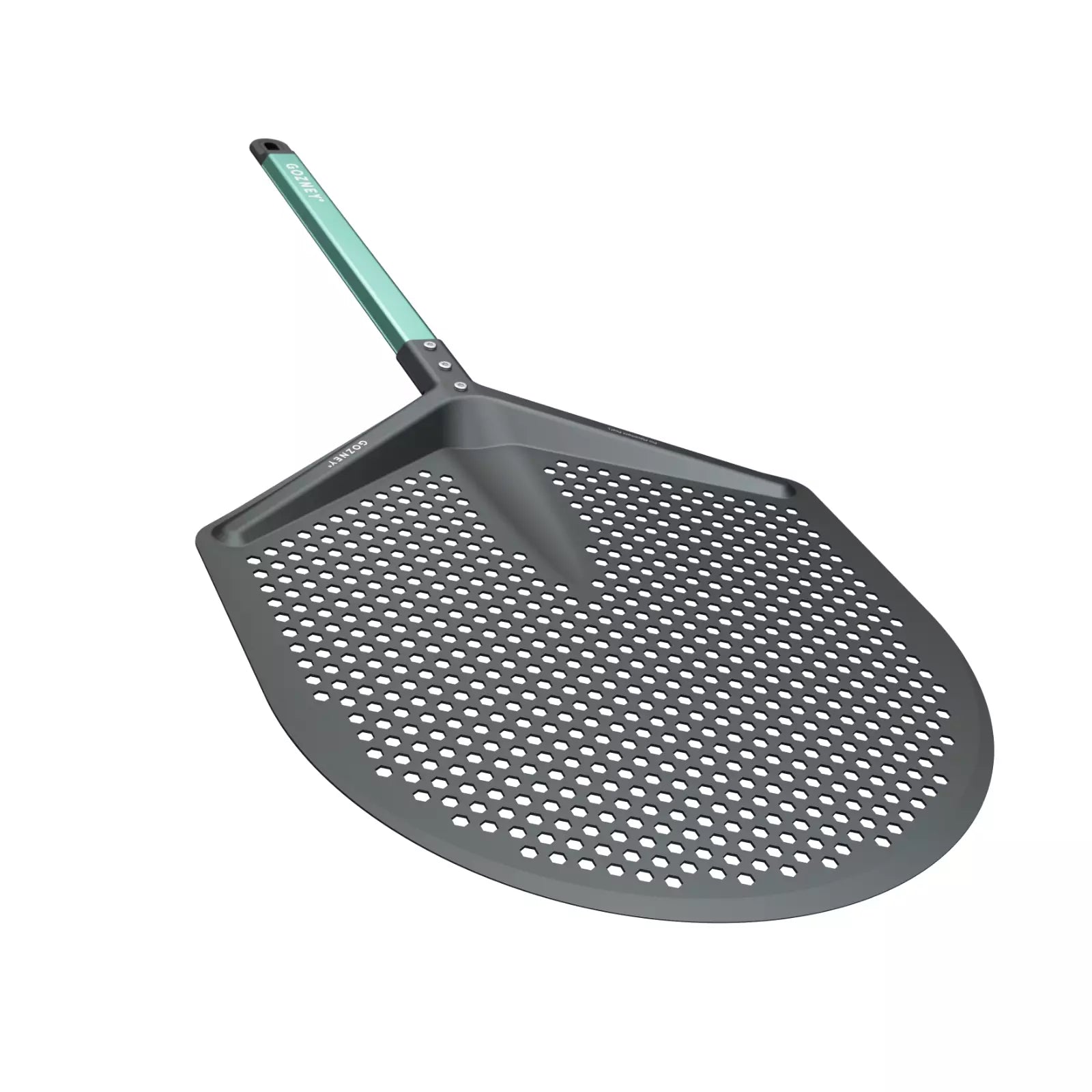 Gozney Pro Pizzaspade, 12" Medium har et perforert aluminiumsblad og et grønt håndtak med slipp-lett overflate, vist på en hvit bakgrunn.