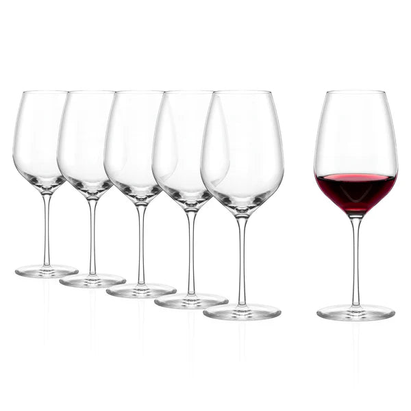 Fem tomme Stölzle Lausits Fino Red Wine vinglass 545 ml står oppstilt ved siden av ett glass fylt med rødvin.