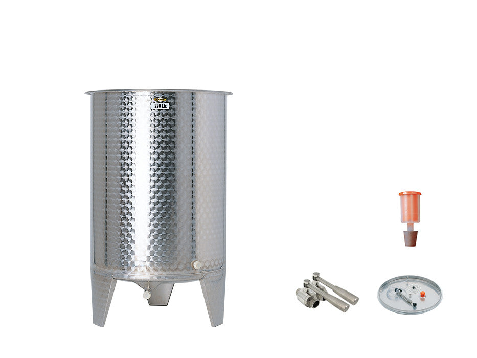 Speidel FO1 220L gjæringstank med flytende lokk - komplett fra Speidel, vist med lokk, kran, ventil og gjærlås på hvit bakgrunn. Perfekt rustfritt ståltank for effektiv brygging og vinproduksjon.