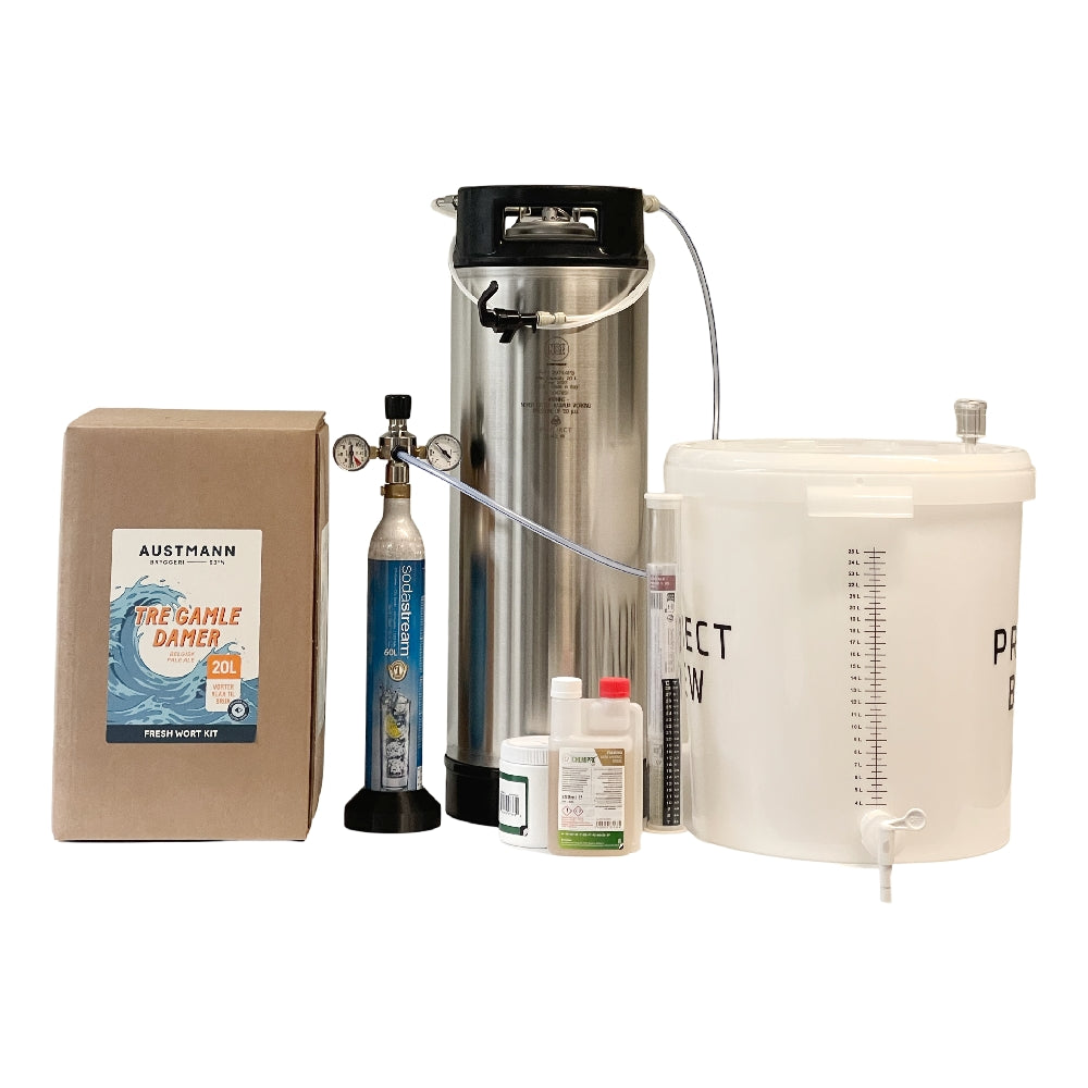 Brewshop Simply Brew - Komplett startsett med Tre Gamle Damer 20L Fresh Wort Kit inkluderer ingrediensboks, Fresh Wort Kit, CO2-kanne, rustfritt stålfat, gjæringsbøtte med lokk, slanger og flasker med tilsetningsstoffer/desinfeksjonsmiddel.