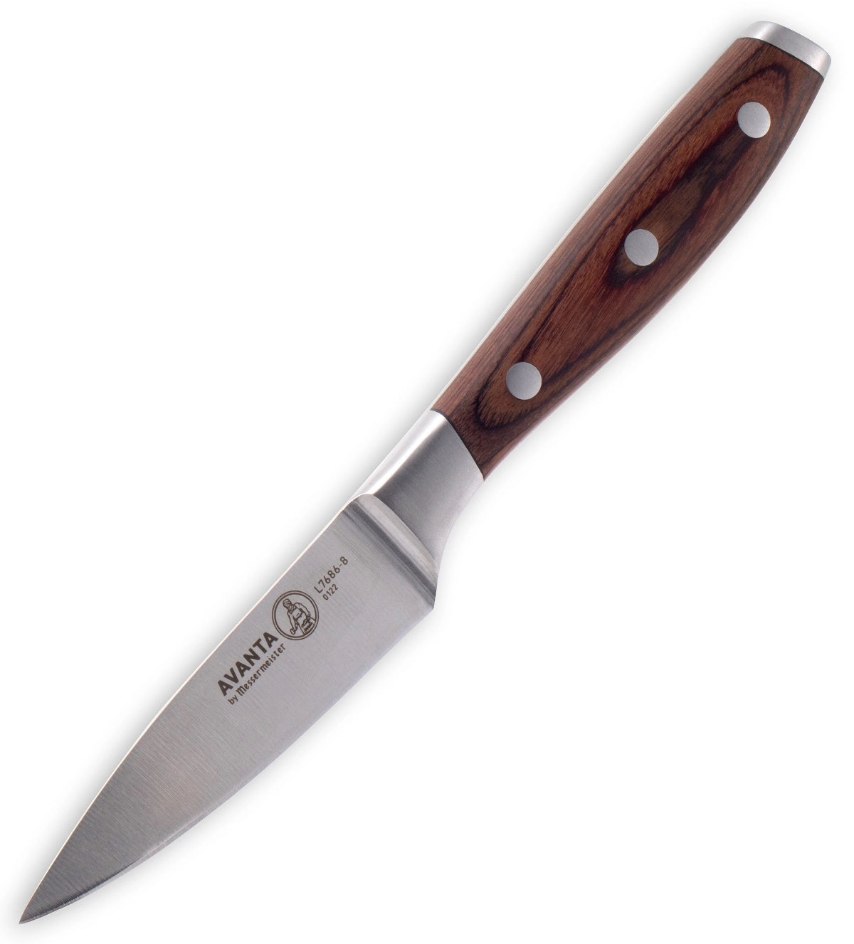 Avanta Pakkawood Knivsett fra Messermeister har en urtekniv i tysk X50 rustfritt stål med trehåndtak og tre nagler, på en hvit bakgrunn.