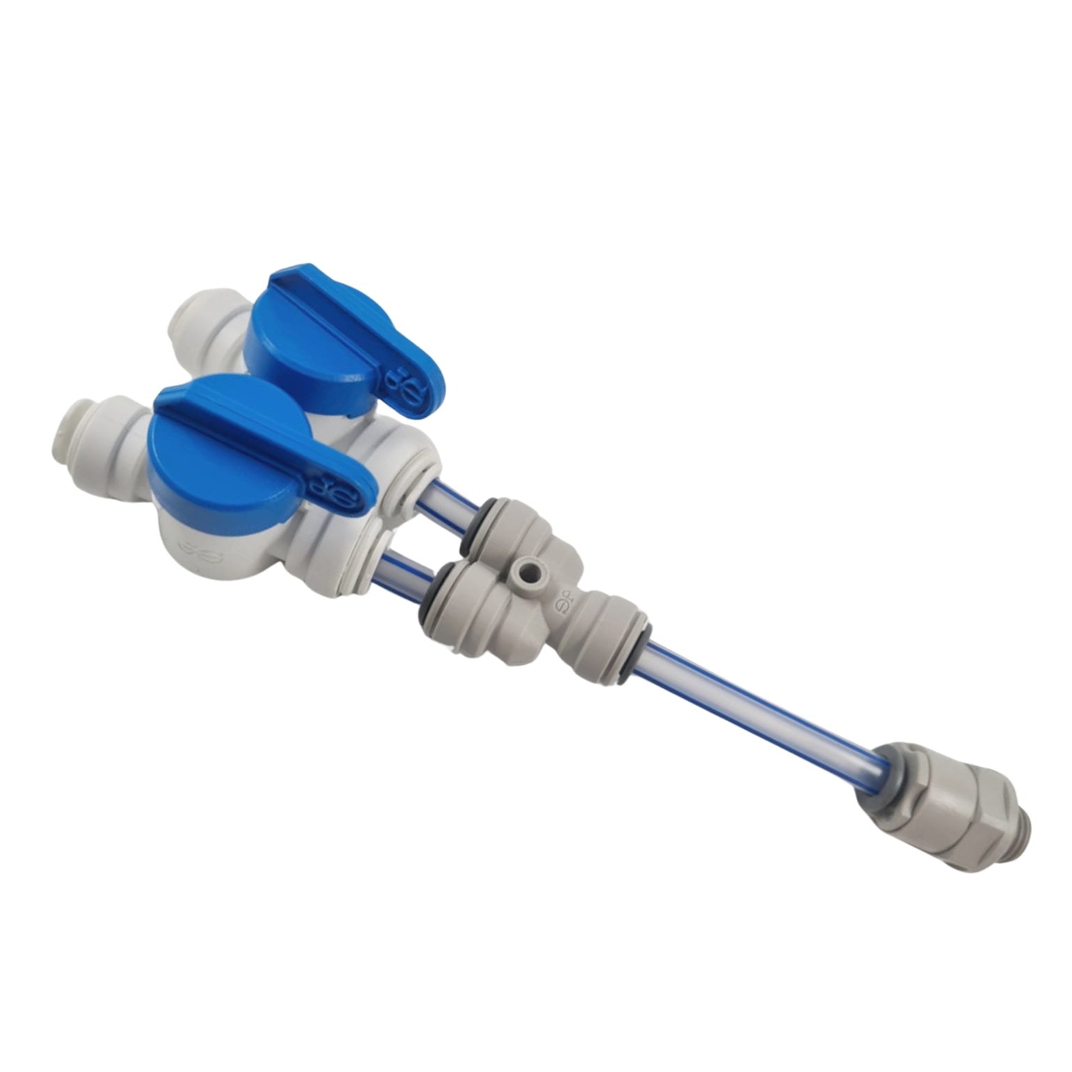Brewshop Splitter for fylling av PolyKeg med KeyKeg Manual Filling Head har doble blå ventiler, plastbeslag og et gjennomsiktig rør - ideelt for å dele eller kontrollere væske/gass-strømmen i PolyKeg-systemer og mottrykk CO2-oppsett.