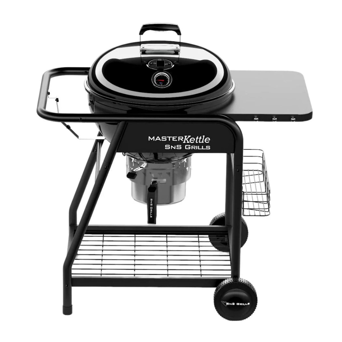 SNS Master Kettle Grill 57 cm - Kulegrill, med Slow 'N Sear-system, sidebord, oppbevaringsstativ, trådkurv og to hjul i svart, sett forfra.