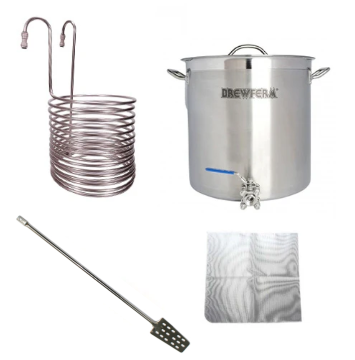 Brewshop Startsett Brew In A Bag 35L (BIAB) inkluderer en rustfri spiralkjøler, en stor bryggekjele med tappekran, en rørepaddel i metall og en nettingpose - perfekt for BIAB-hjemmebrygging.