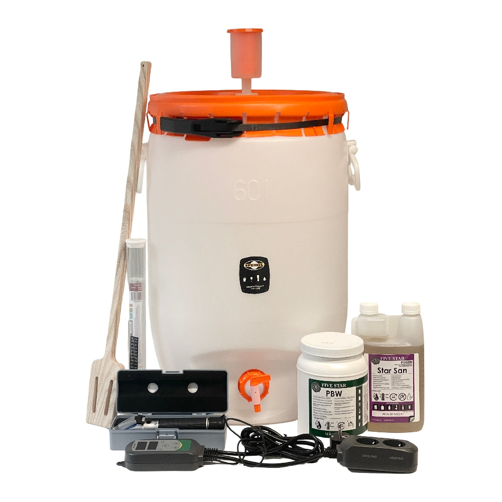 Brewshop Startsett Premium 50L for Hjemmebrygging: komplett pakke med gjæringstank, oransje lokk, hydrometer, sanitizer, renser, rørepinne, varmeelement og temperaturkontrollert gjæring - alt du trenger for å brygge øl hjemme.