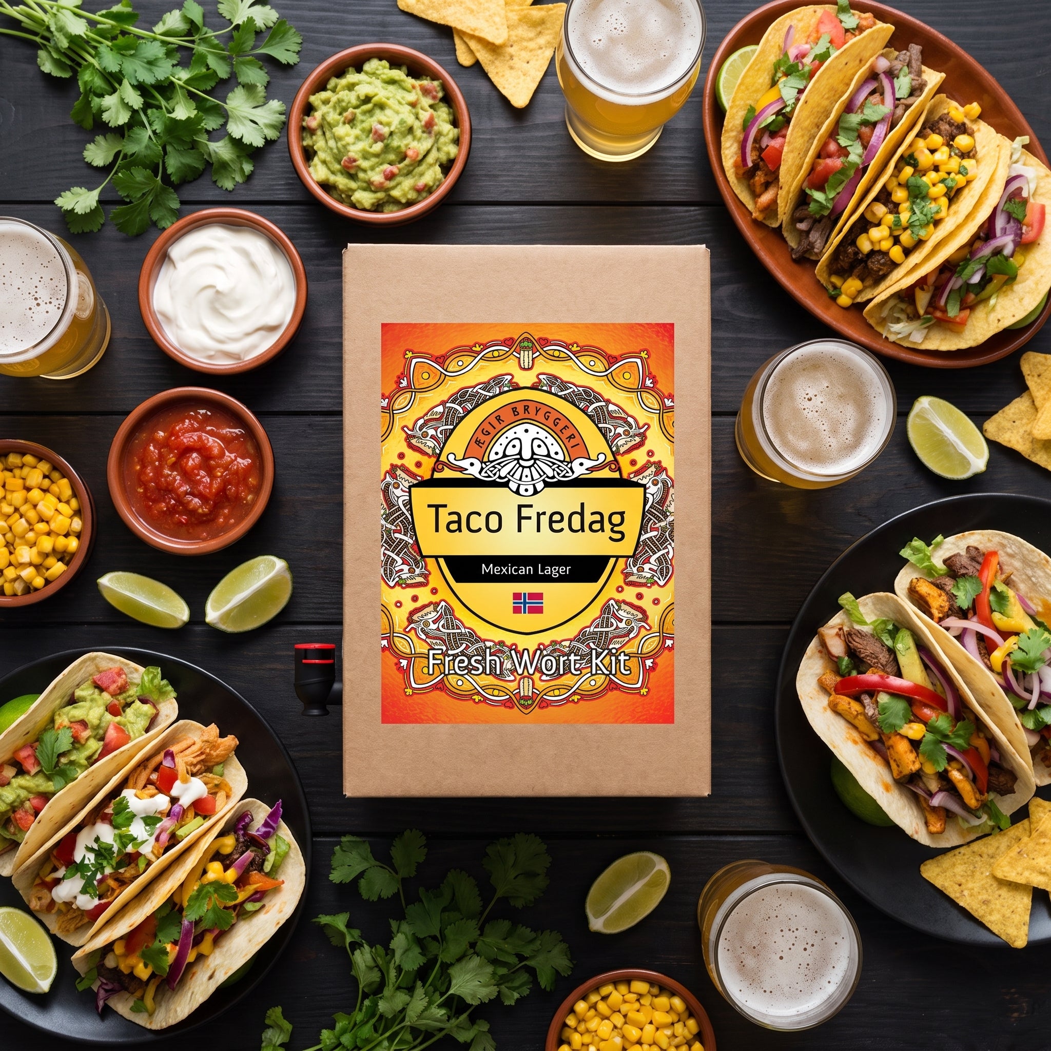 Et «Ægir Taco Fredag Mexican Lager» – 20 liter fersk vørtesett står på et bord sammen med tallerkener med tacoer, salsa, guacamole, rømme, mais, koriander, lime-båter og glass med frisk lagerøl.