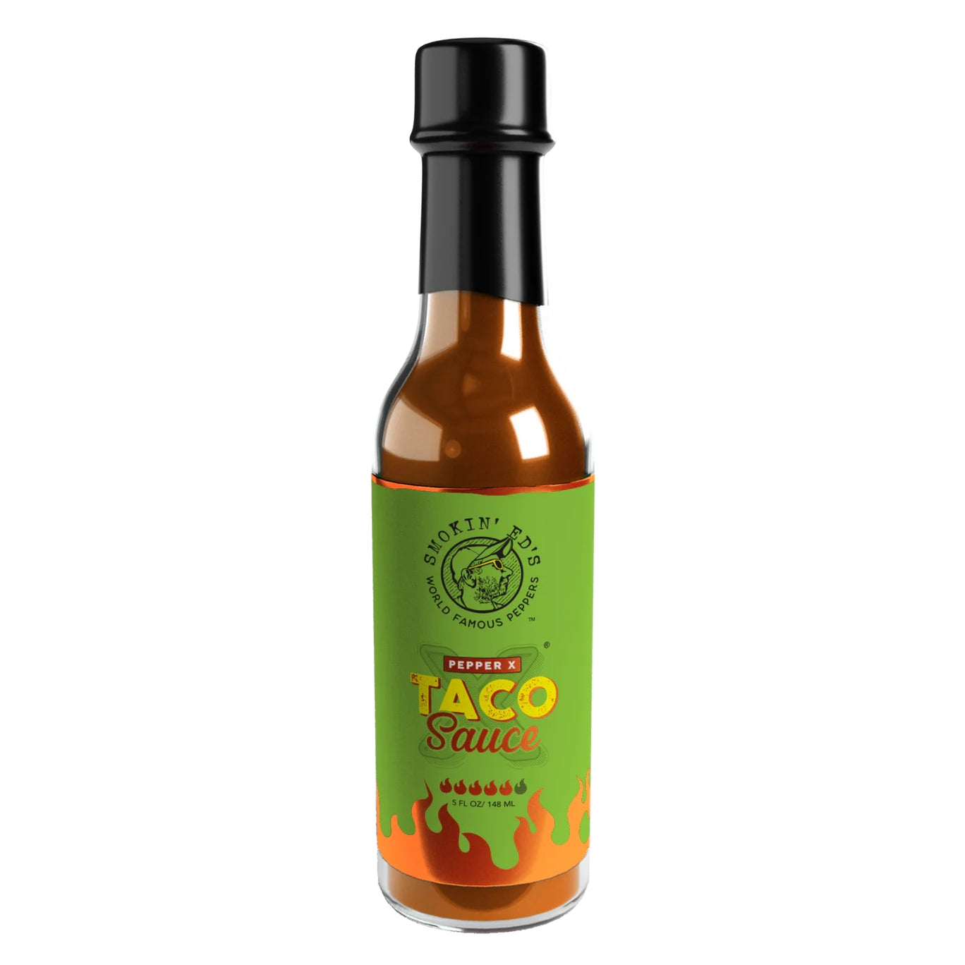 En flaske Smokin´Ed´s Taco Sauce - Pepper X fra PuckerButt Pepper Company har en grønn og oransje flammeetikett, high heat-tekst og noterer at den er laget med verdens sterkeste chili.