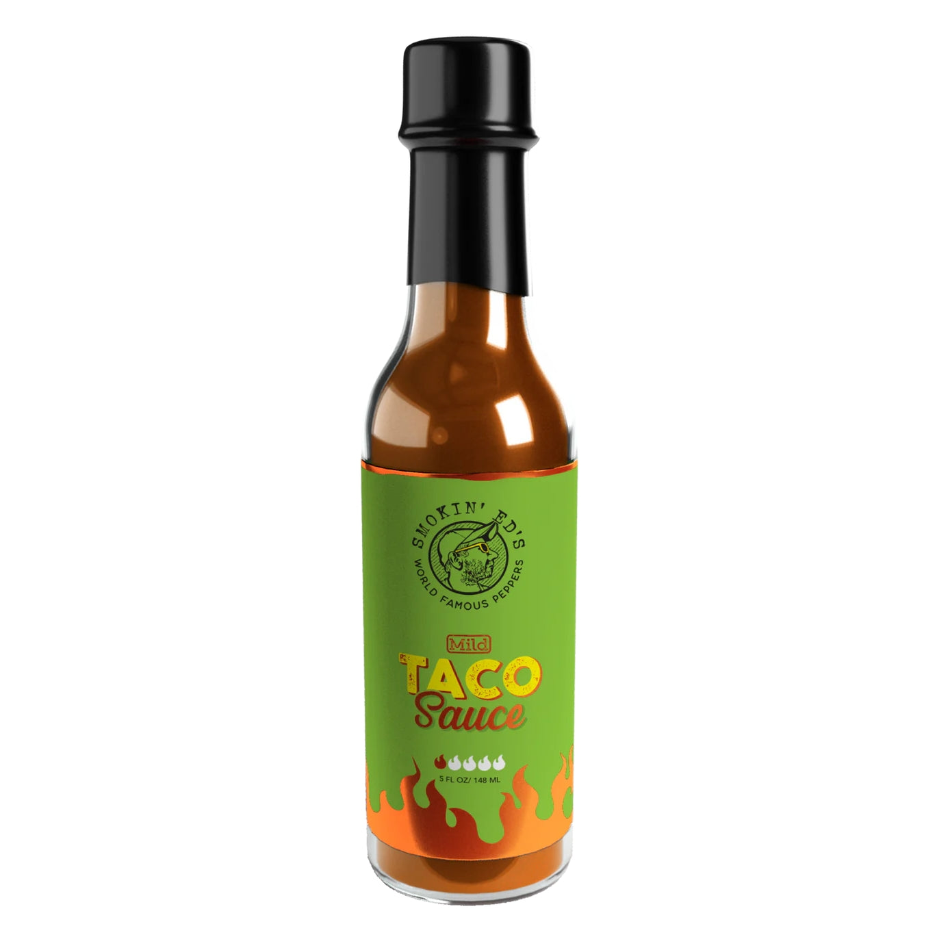En flaske PuckerButt Pepper Company's Smokin´Ed´s Taco Sauce - Mild med grønn og oransje etikett, flammer, en chilipeppergrafikk og en mild varmeindikator.