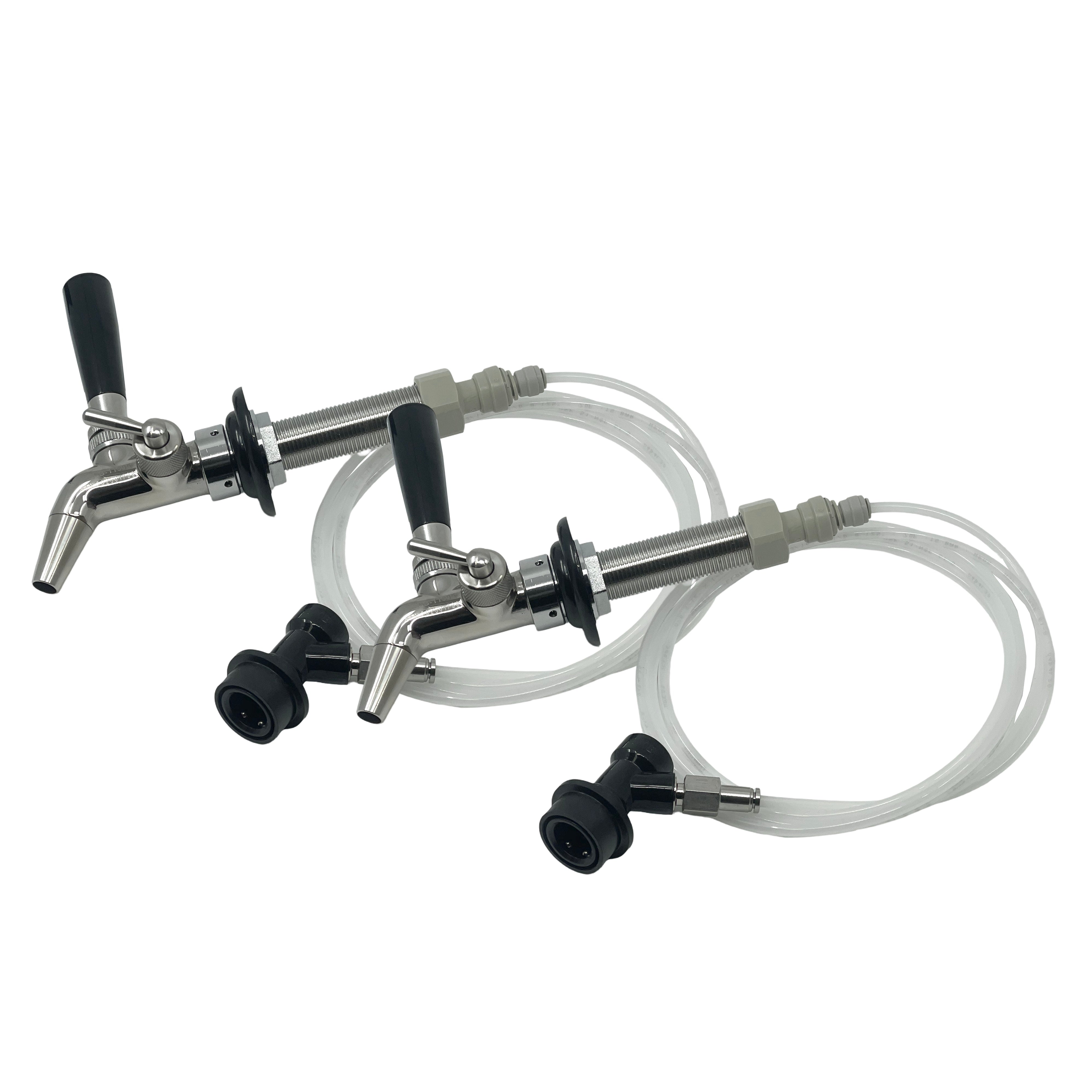 Beer Tap Conversion Kit med 2 Flow master kraner vises med rustfrie stålfadehaner, plastslanger og sorte koblinger på hvit bakgrunn - ideel til kegerator eller som del av et Intertap Flow Master Beer Tap Conversion Kit.