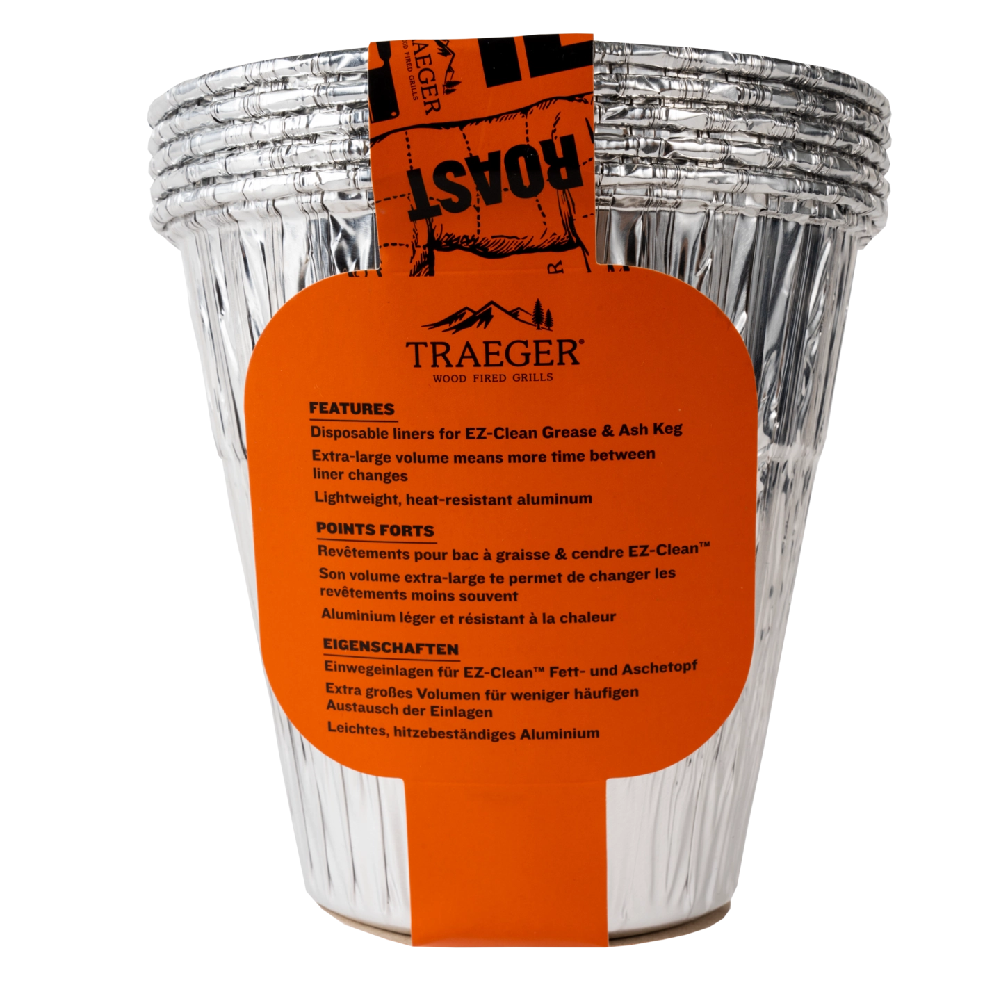 Traeger EZ-Clean Grease & Ash Keg Liner - fettoppsamler fra Traeger er en engangsinnsats i aluminium for griller, med en oransje etikett med informasjon om varmebestandighet, ideell for oppsamling av fett og aske som et grillbøtteinnlegg.