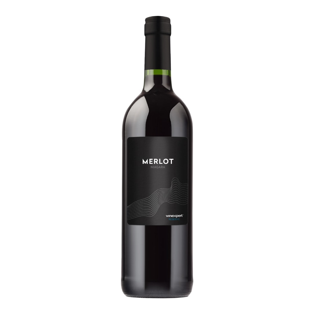 Bottle of red wine made with the Winexpert Reserve Merlot Niagara wine kit, with black Merlot label