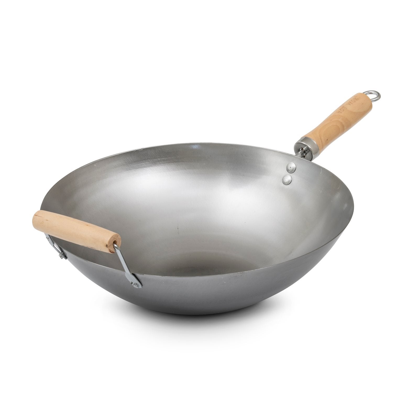 HotWok Wokpanne 35 cm har en metallkropp med både et sidehåndtak i tre og et langt trehåndtak, vist mot en hvit bakgrunn.