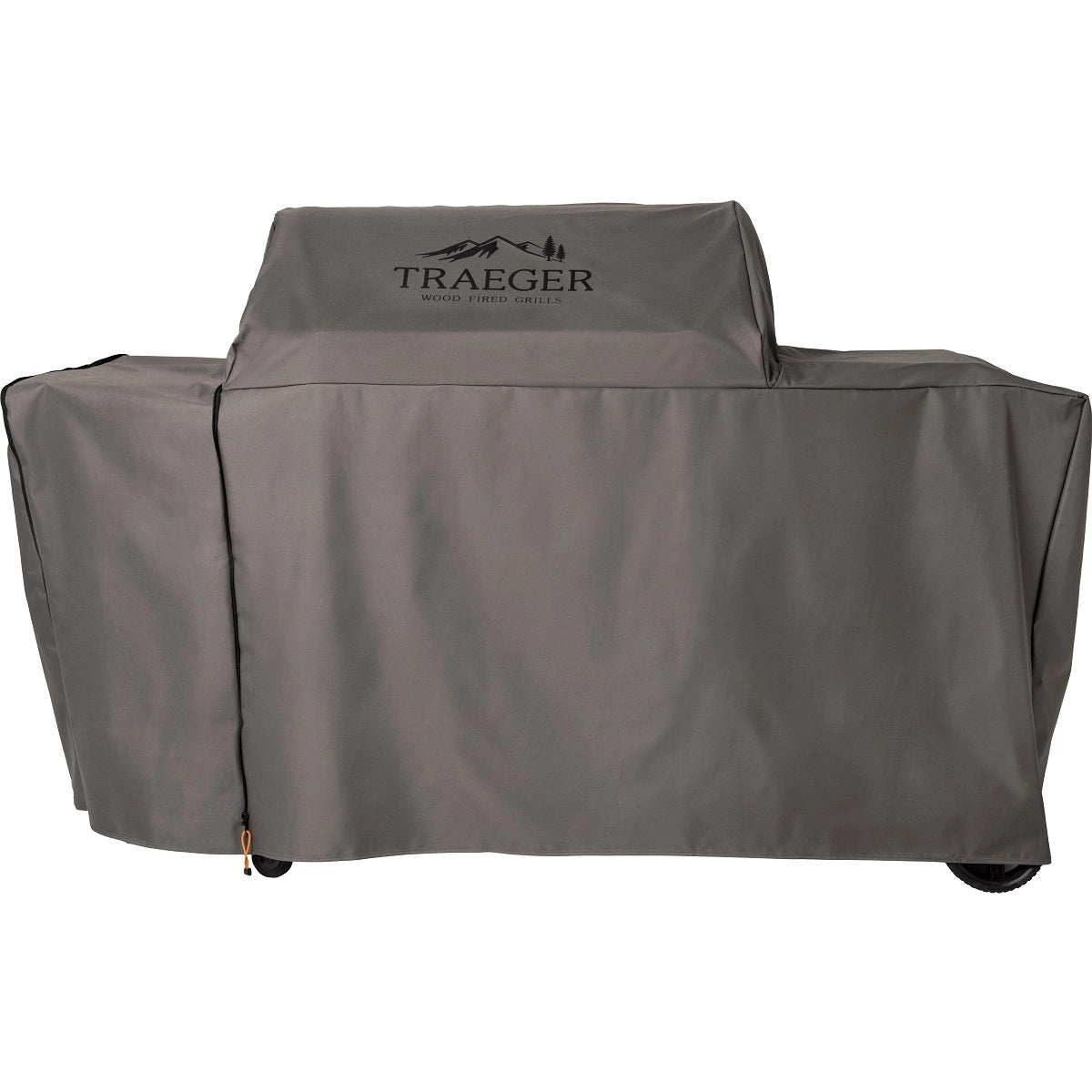 Traeger Grill Cover Woodridge Pro/Elite er et grått, værbestandig grilltrekk, perfekt tilpasset og designet med hjul for Woodridge Pro/Elite-serien.