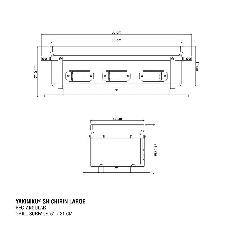 Teknisk tegning av YAKINIKU LARGE Rektangulær Shichirin | Konro & Yakitori Grill med merkede dimensjoner: 66x25x24,5 cm og en grillflate på 51x21 cm.