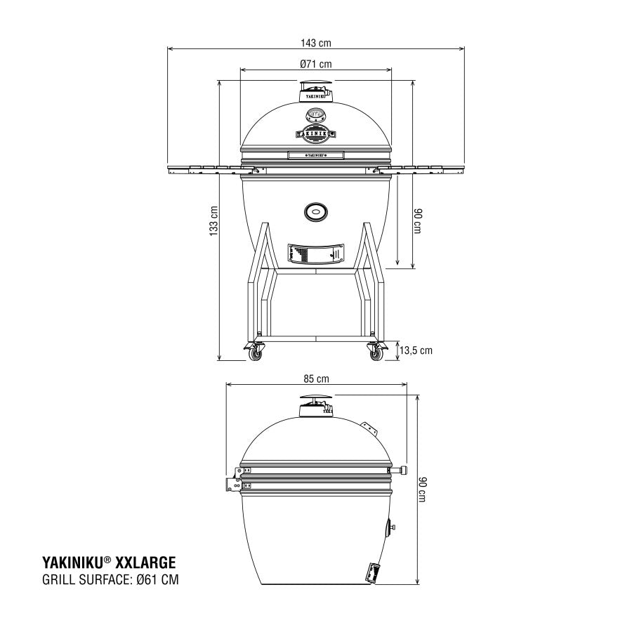 Teknisk tegning av YAKINIKU Kamado XXLARGE 61 cm Complete, en keramisk grill med en grillflate på 61 cm, 143 cm bredde, 85 cm dybde og 133,5 cm høyde; vist med det valgfrie Pro Set-grillsettet.